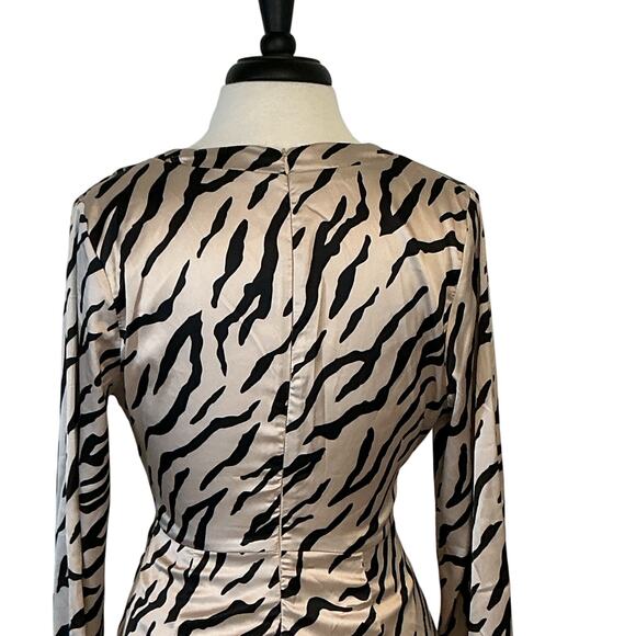 VICI Zebra Print Satin Mini Dress Faux Wrap Tie Front Long Bell Sleeve Medium - Picture 9 of 13